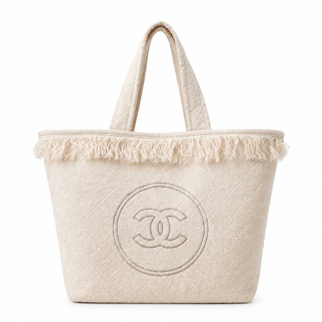 Chanel Ivory Quilted Canvas Large Fringe Tote | Oversized Tonal Embroidered CC, Open Top & Matching Mini Pouch