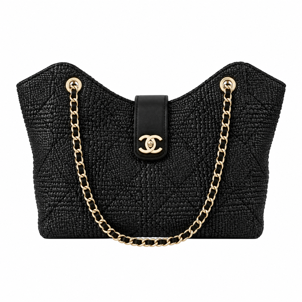 Chanel Raffia Woven CC Tote Bag Black 26×40×12cm