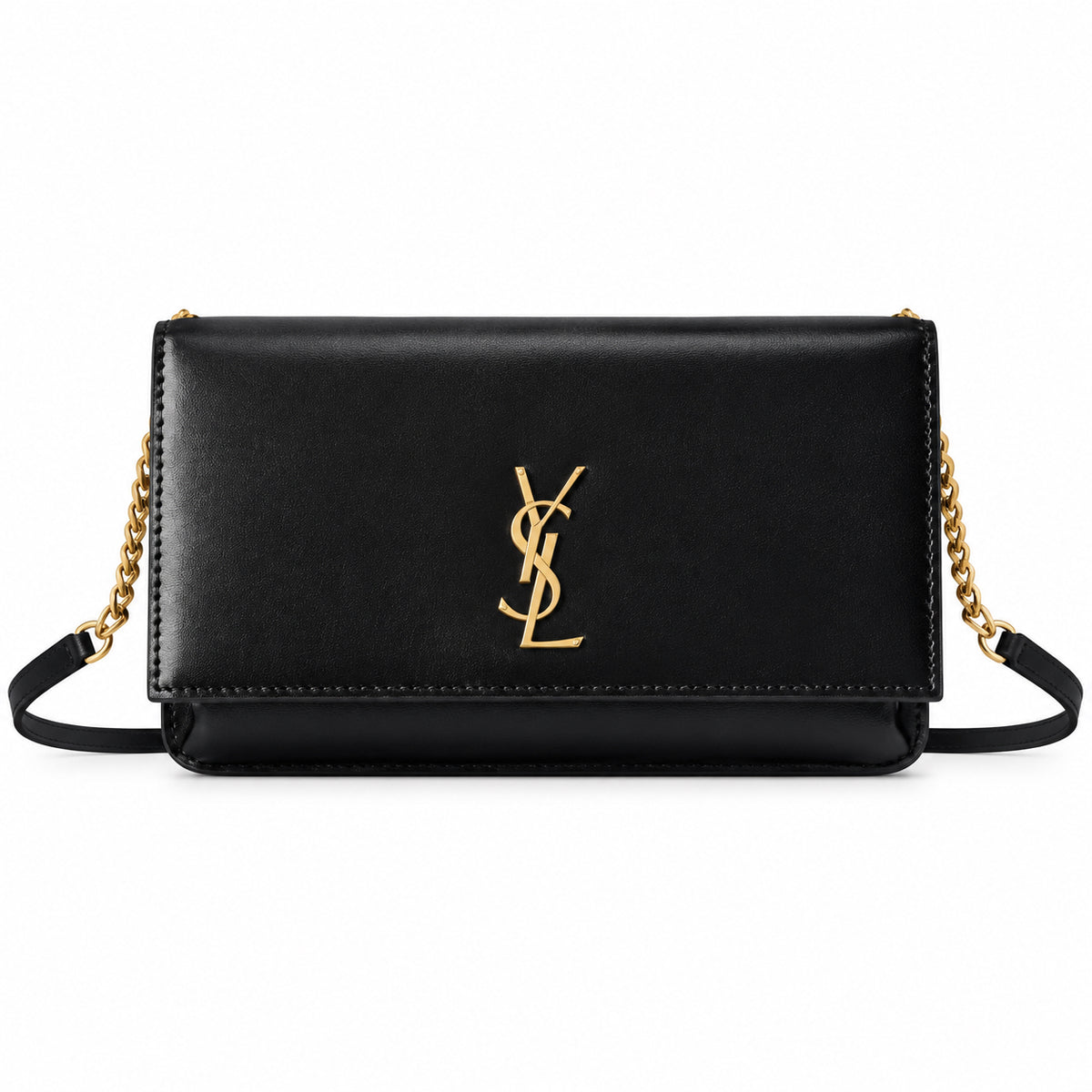 YSL Saint Laurent Kate Small Chain Bag Black Smooth Leather Gold YSL Monogram Gold Chain Strap