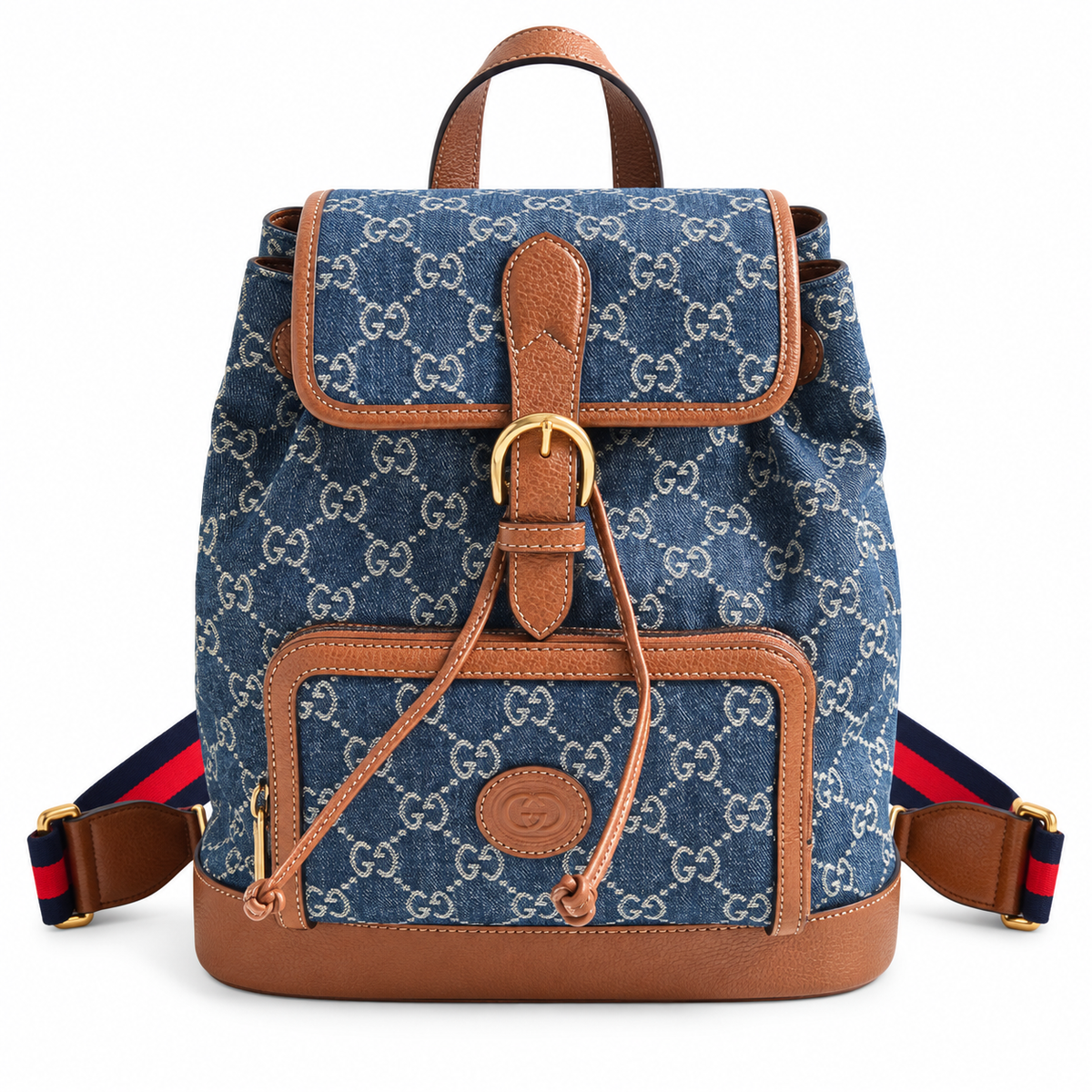 Gucci GG Denim Canvas Small Backpack with Brown Leather Trim