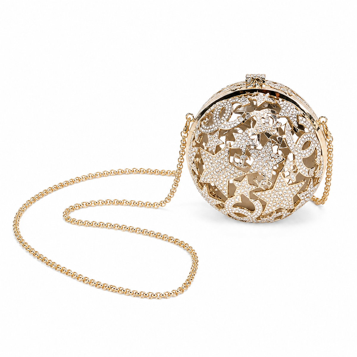 Chanel CC Crystal Star Globe Minaudiere | Gold Filigree & Chain — 13cm
