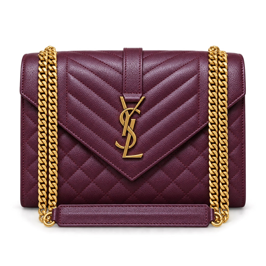 Saint Laurent YSL Envelope Medium Bag in Plum Deep Purple Bordeaux Violet Mix-Matelasse Quilted Grained Caviar Leather with Shiny Gold YSL Monogram Chevron Quilting and Double Gold Curb Chain Strap