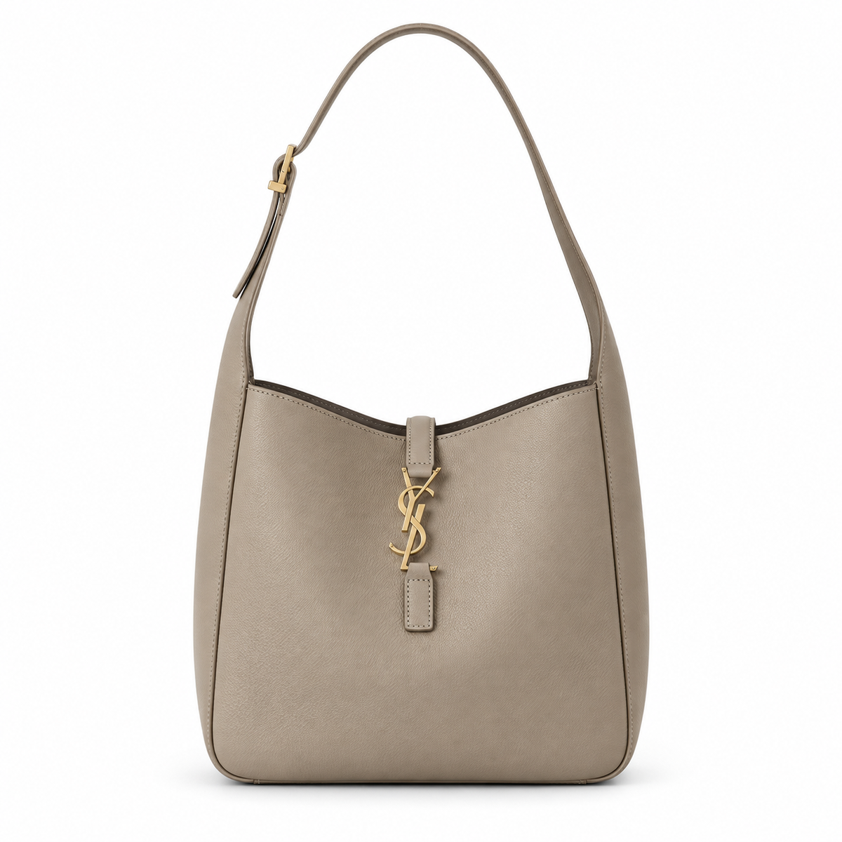 Saint Laurent YSL Le 5 à 7 Hobo Bag in Taupe Greige Warm Grey Grained Leather with Antique Gold YSL Toggle Closure and Adjustable Leather Shoulder Strap