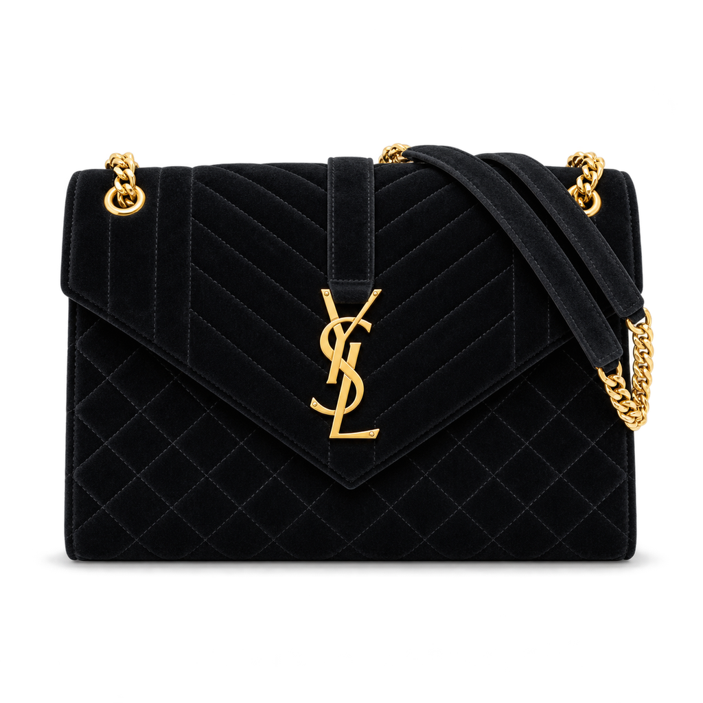 Saint Laurent YSL Envelope Medium Bag in Black Noir Quilted Velvet with Shiny Gold YSL Monogram Mixed Chevron Quilting and Gold Curb Chain Shoulder Strap
