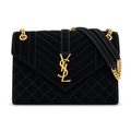 Saint Laurent YSL Envelope Medium Bag in Black Noir Quilted Velvet with Shiny Gold YSL Monogram Mixed Chevron Quilting and Gold Curb Chain Shoulder Strap