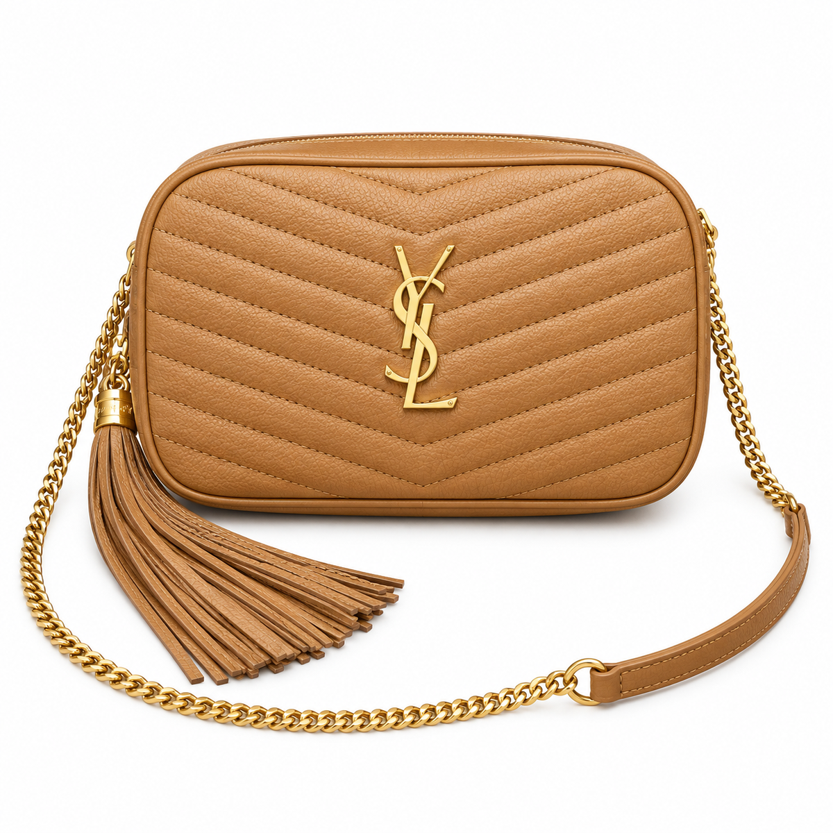 YSL Saint Laurent Lou Camera Bag Caramel Matelasse Chevron Leather Gold YSL Monogram Leather Tassel Gold Chain Strap