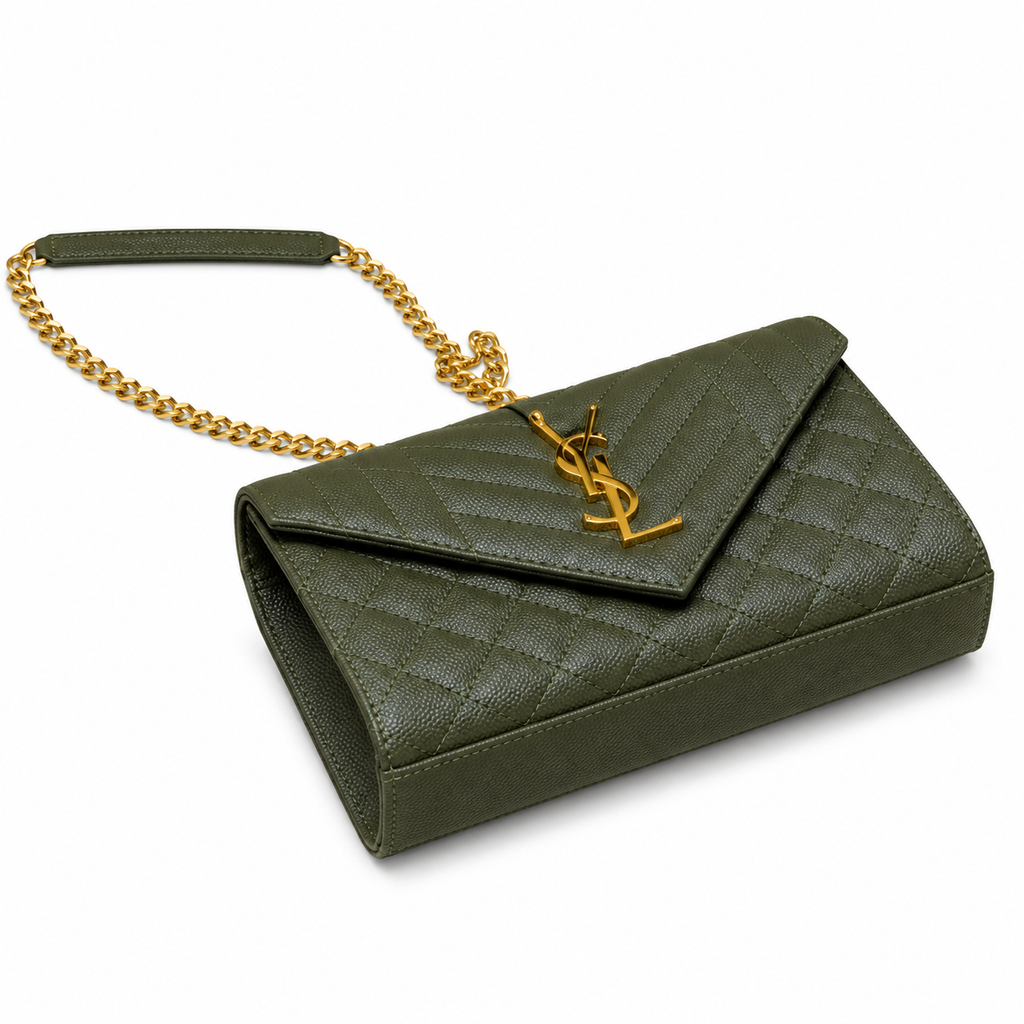Saint Laurent YSL Envelope Bag – Olive Green Gold