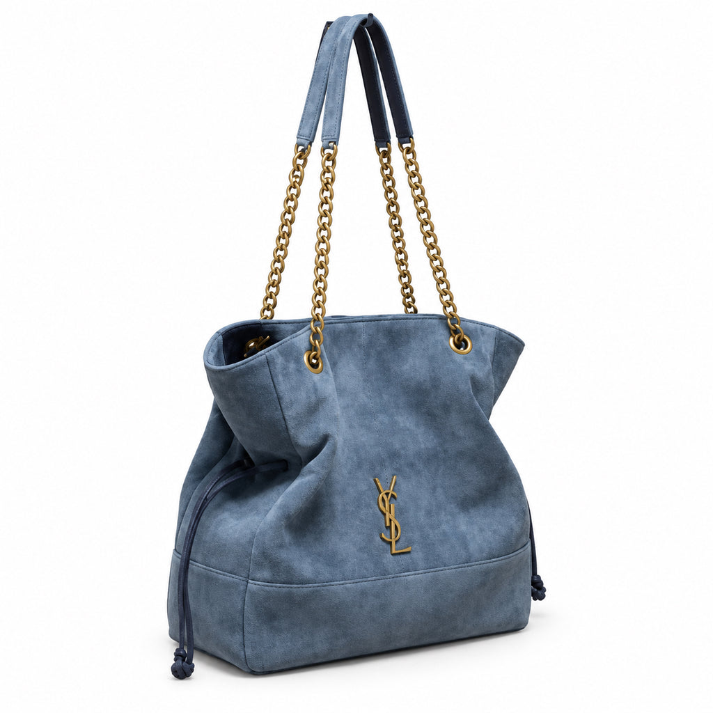 YSL Saint Laurent Jamie Tote Bag Blue Suede Gold Chain