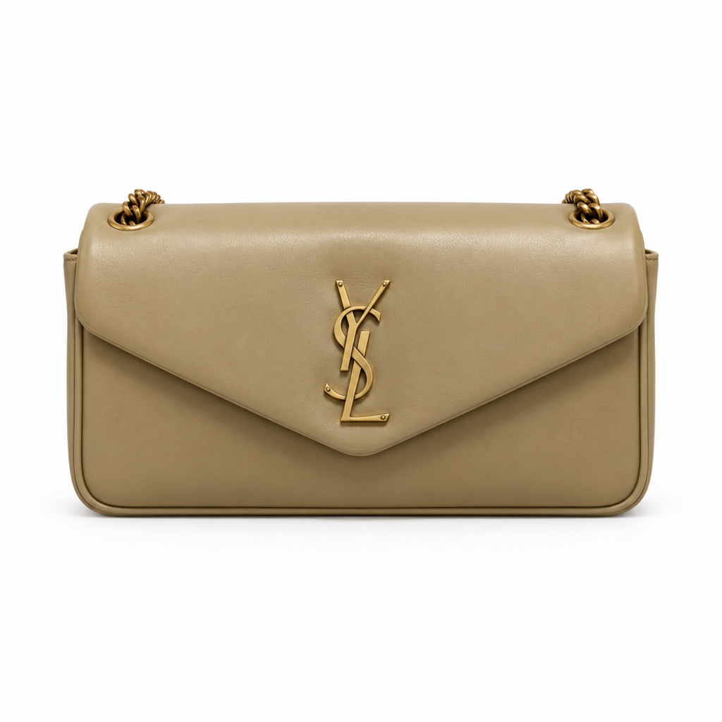YSL Saint Laurent Calypso Bag Sand Smooth Leather Antique Gold Chain Straps YSL Monogram