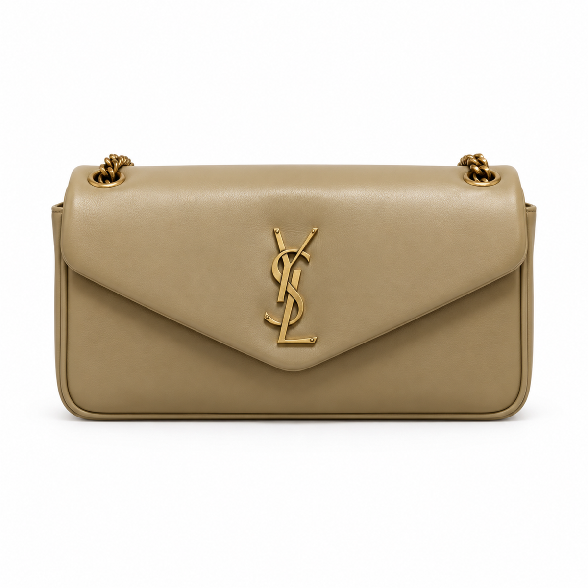 YSL Saint Laurent Calypso Bag Sand Smooth Leather Antique Gold Chain Straps YSL Monogram