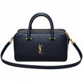 Saint Laurent YSL diamond quilted Boston top handle bag in navy blue calfskin leather with gold hardware and crossbody strap