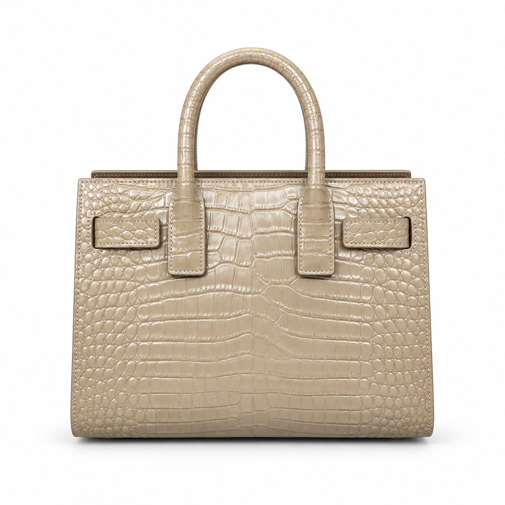 Saint Laurent Sac de Jour structured top handle tote bag in warm beige croc-embossed patent calfskin leather with tonal hardware