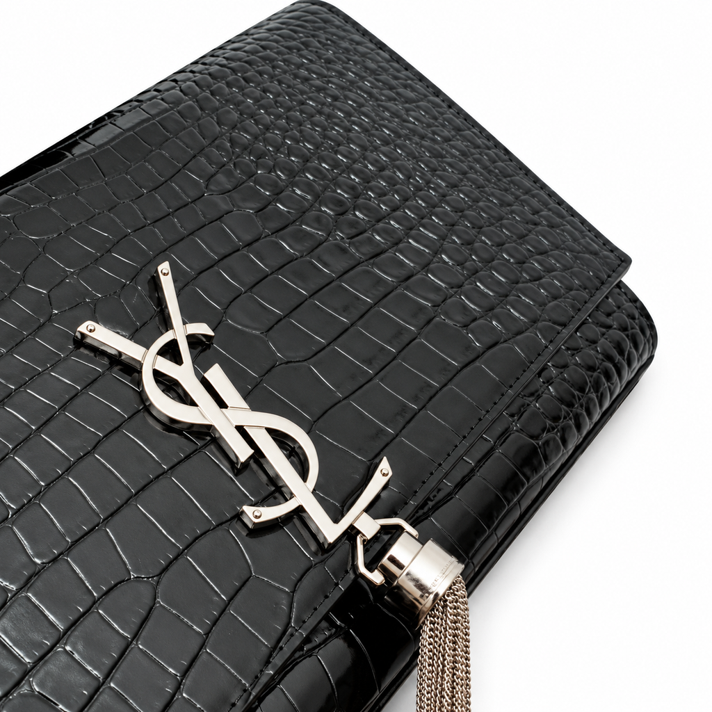 YSL Saint Laurent Kate Clutch in Black Croc-Embossed Leather with Tassel