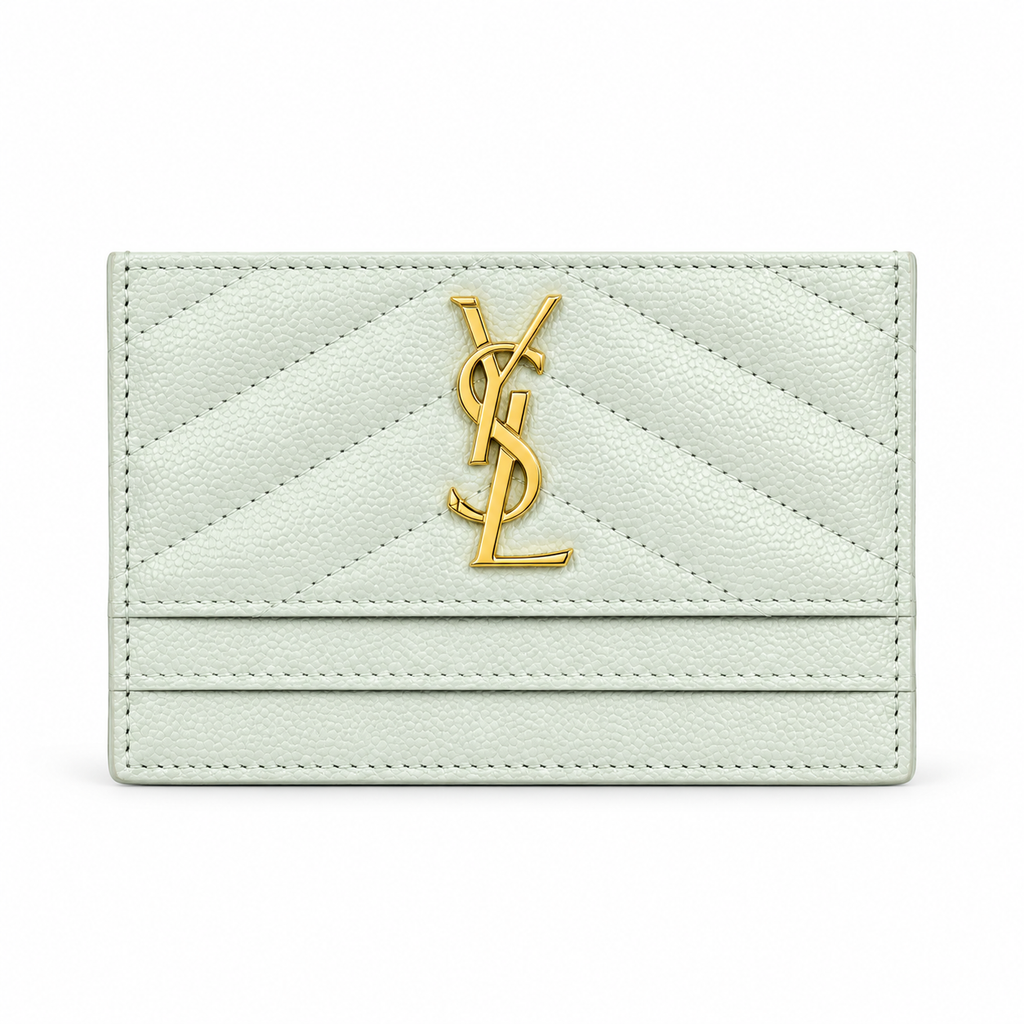 YSL Cassandre Card Holder Mint Chevron Quilted Leather Gold Logo Saint Laurent
