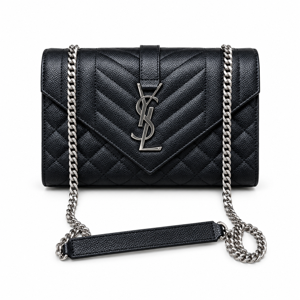 Saint Laurent YSL Envelope Bag in Black Noir Mix-Matelasse Quilted Grained Leather with Silver YSL Monogram Mixed Chevron Quilting and Silver Curb Chain Strap