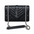 Saint Laurent YSL Envelope Bag in Black Noir Mix-Matelasse Quilted Grained Leather with Silver YSL Monogram Mixed Chevron Quilting and Silver Curb Chain Strap