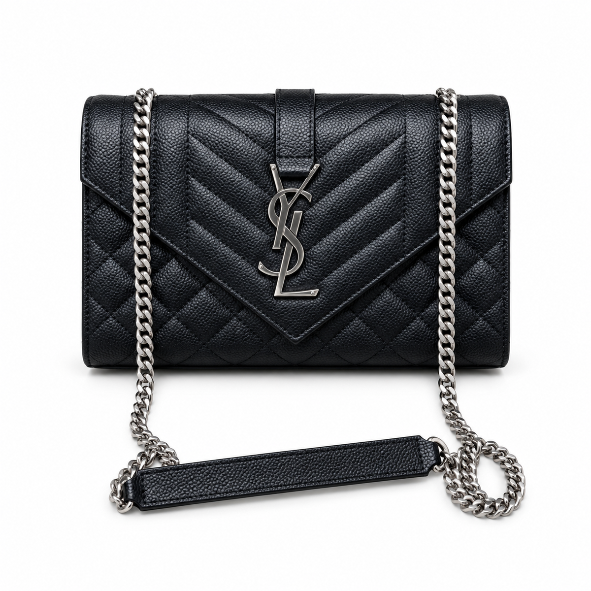 Saint Laurent YSL Envelope Bag in Black Noir Mix-Matelasse Quilted Grained Leather with Silver YSL Monogram Mixed Chevron Quilting and Silver Curb Chain Strap