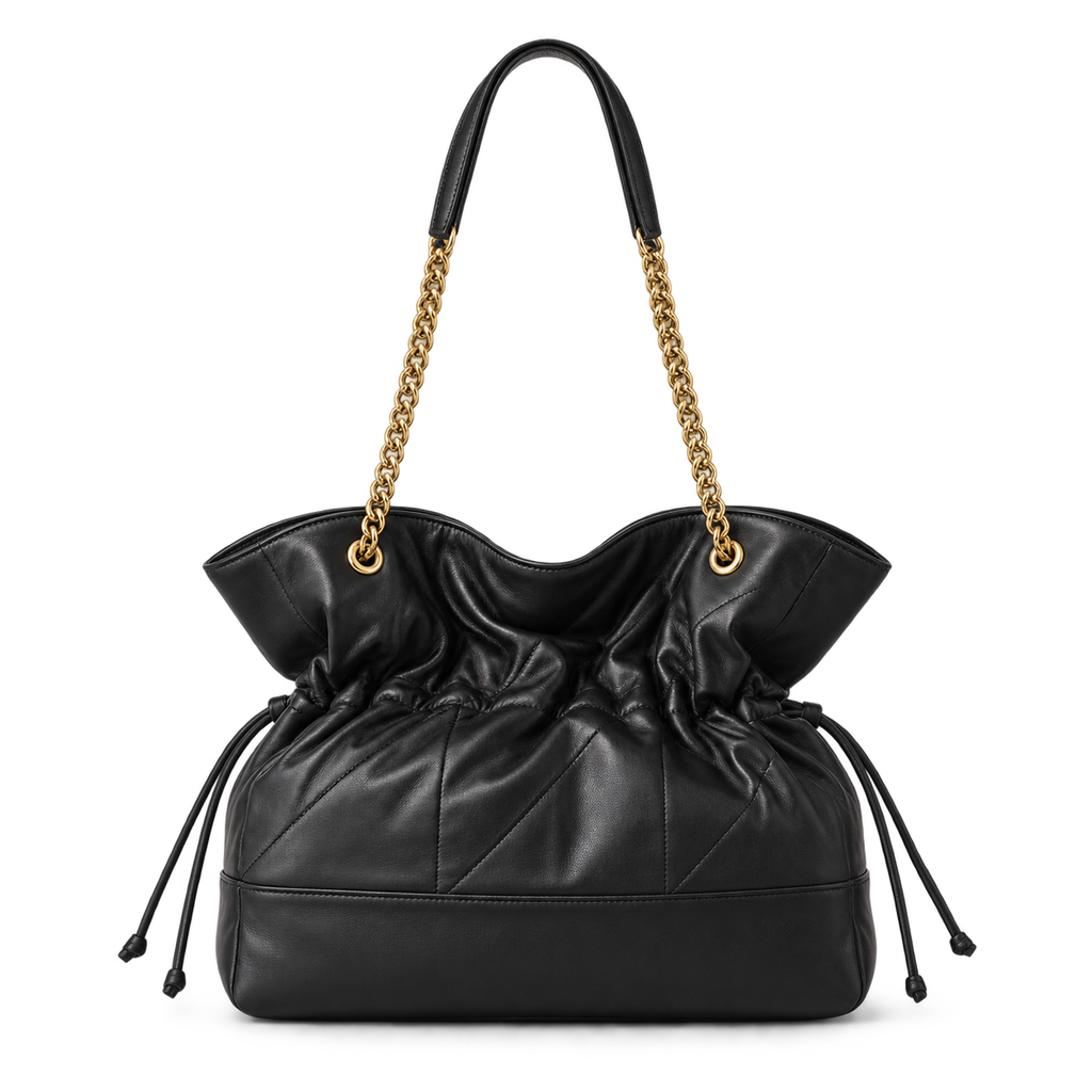 YSL Saint Laurent Jamie Tote Bag in black quilted leather with gold chain strap and drawstring closure