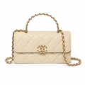 Chanel Ivory Cream Fine-Grain Quilted Mini Top Handle Flap Bag | Gold Chain-Texture CC Turn-Lock & Tonal Ivory Chain