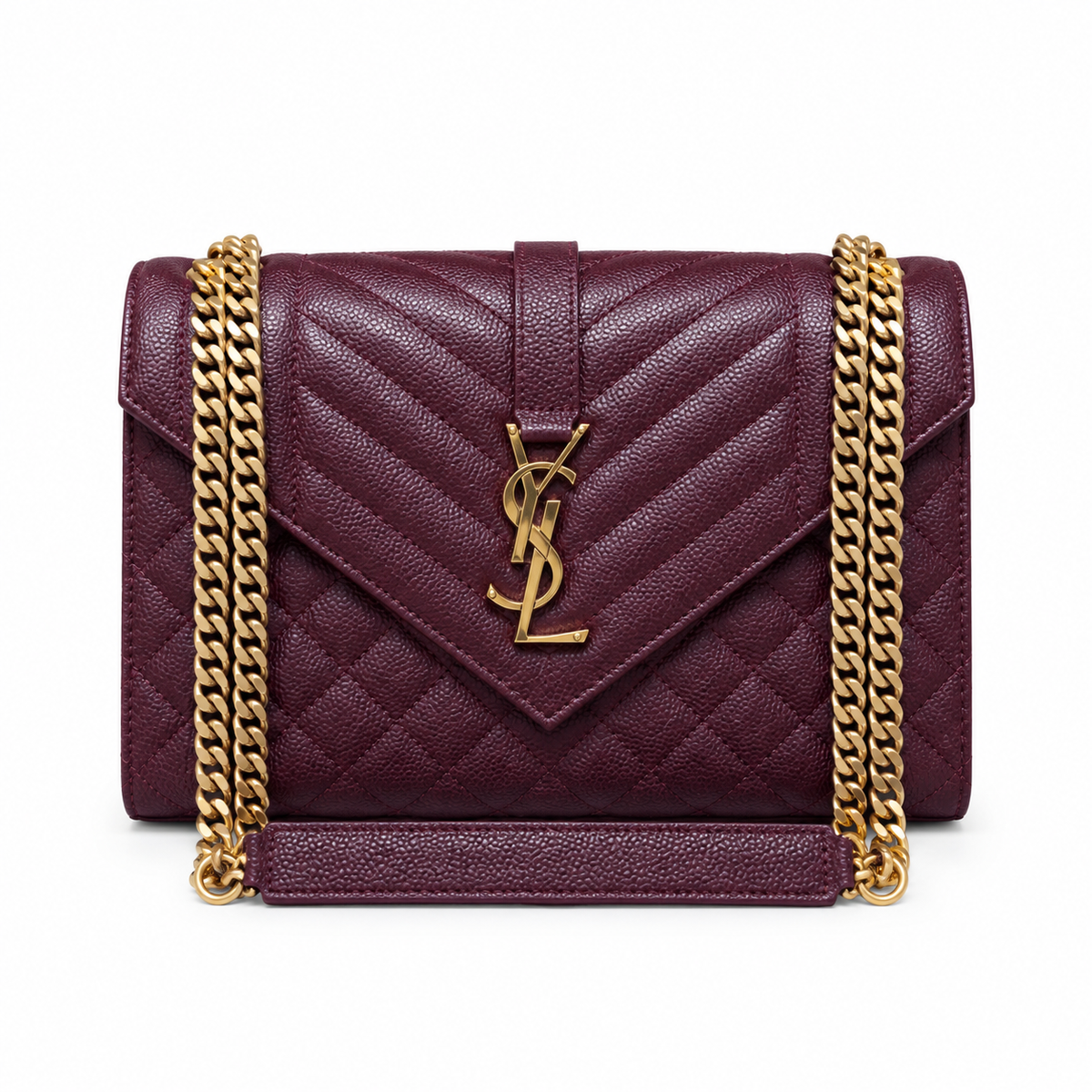 Saint Laurent YSL Envelope Bag in Burgundy Dark Red Mix-Matelasse Grained Leather with Antique Gold YSL Monogram Mixed Chevron Quilting and Double Gold Chain Strap