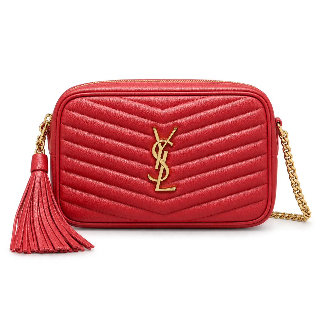 Saint Laurent YSL Lou Mini Camera Bag in Red Grained Leather with Gold YSL Monogram Chevron Quilting Red Tassel and Gold Chain Strap