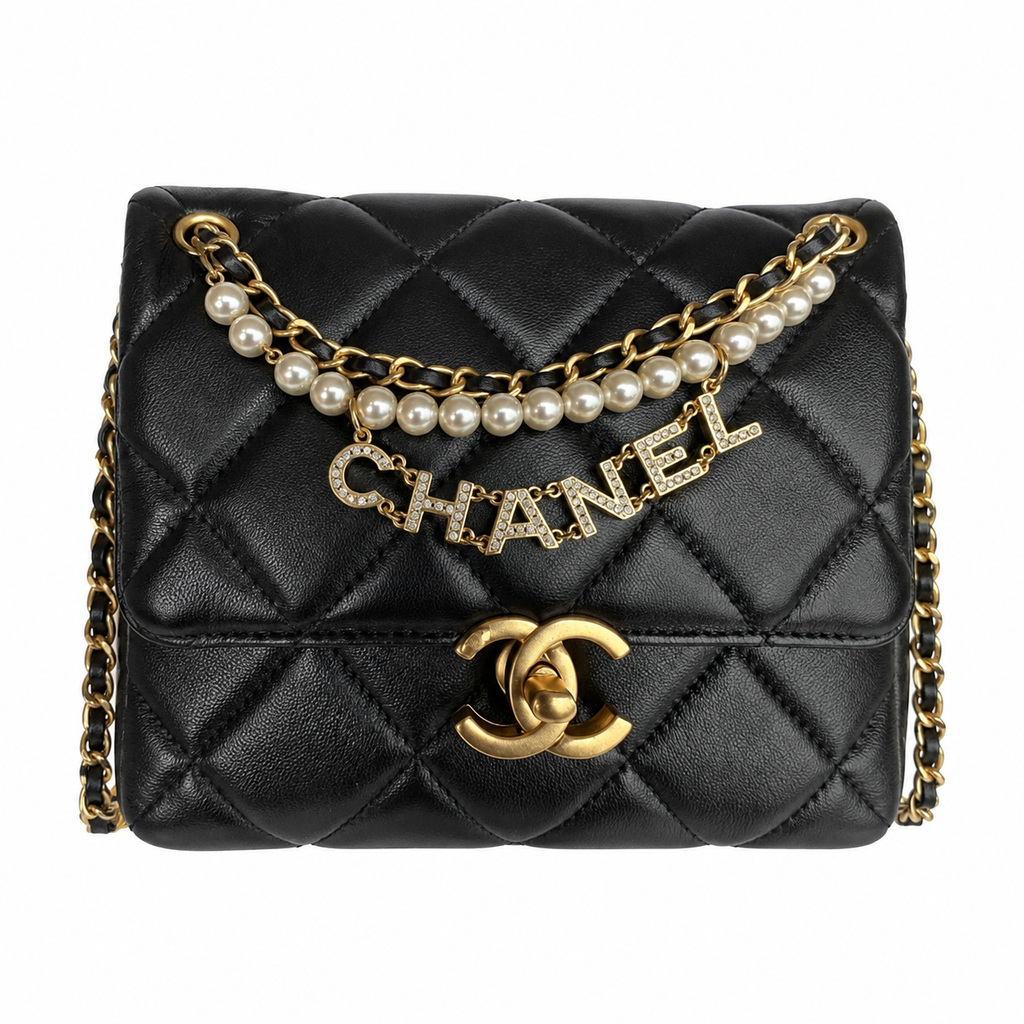 Chanel Quilted Flap Bag | Pearl Chain Crystal Letter Charm Gold CC Black — 23x15cm
