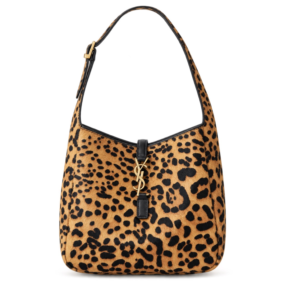 Saint Laurent YSL Le 5 à 7 Hobo Bag in Leopard Print Ponyhair with Black Leather Trim Gold YSL Toggle Closure and Adjustable Black Leather Shoulder Strap