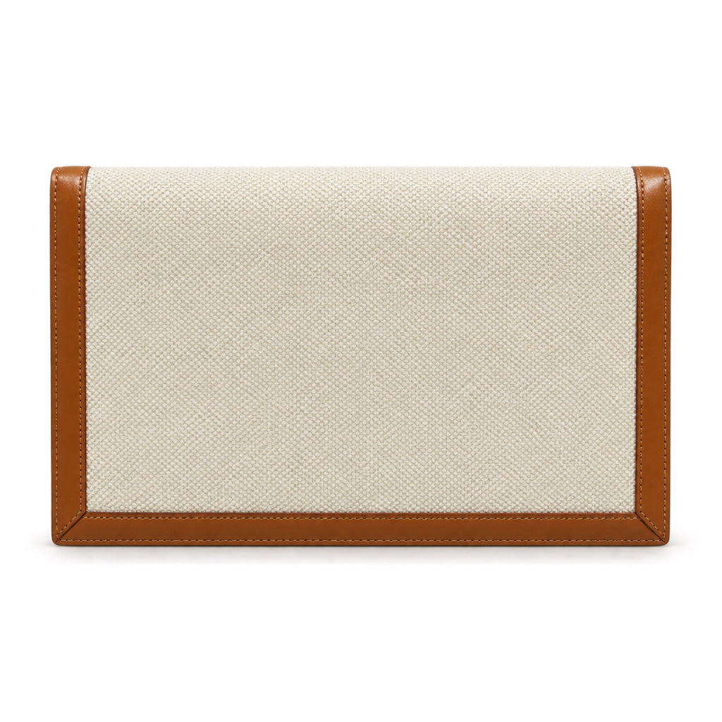 YSL Saint Laurent Cassandre Envelope Clutch in Natural Linen and Tan Leather