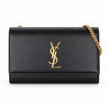 Saint Laurent YSL Kate Chain Bag in Black Grained Leather with Gold YSL Monogram and Gold Chain Strap