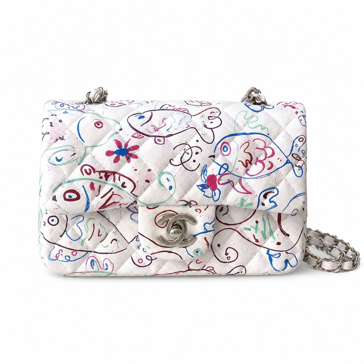 Chanel Mini Rectangular Flap Bag | Graffiti Art Print Silver CC White — 20cm