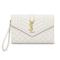 YSL Saint Laurent Envelope Clutch White Quilted Leather Gold YSL Monogram Wrist Strap