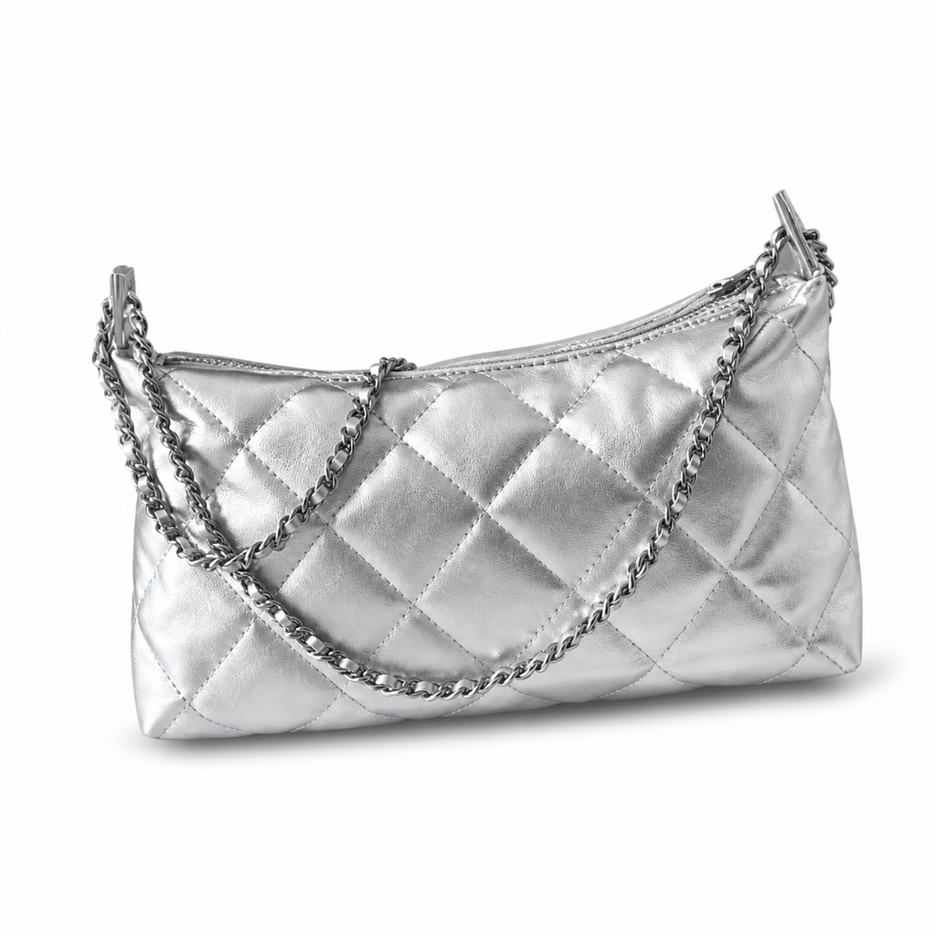 Chanel Silver Metallic Quilted Hobo | Tonal CC & Draped All-Chain Strap — 26cm