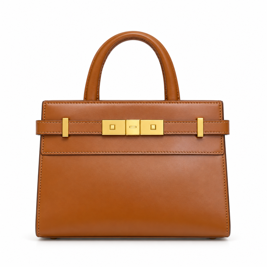 YSL Saint Laurent Manhattan Mini Bag Tan Smooth Leather Gold Square Turn Lock Rolled Top Handles Belt Strap