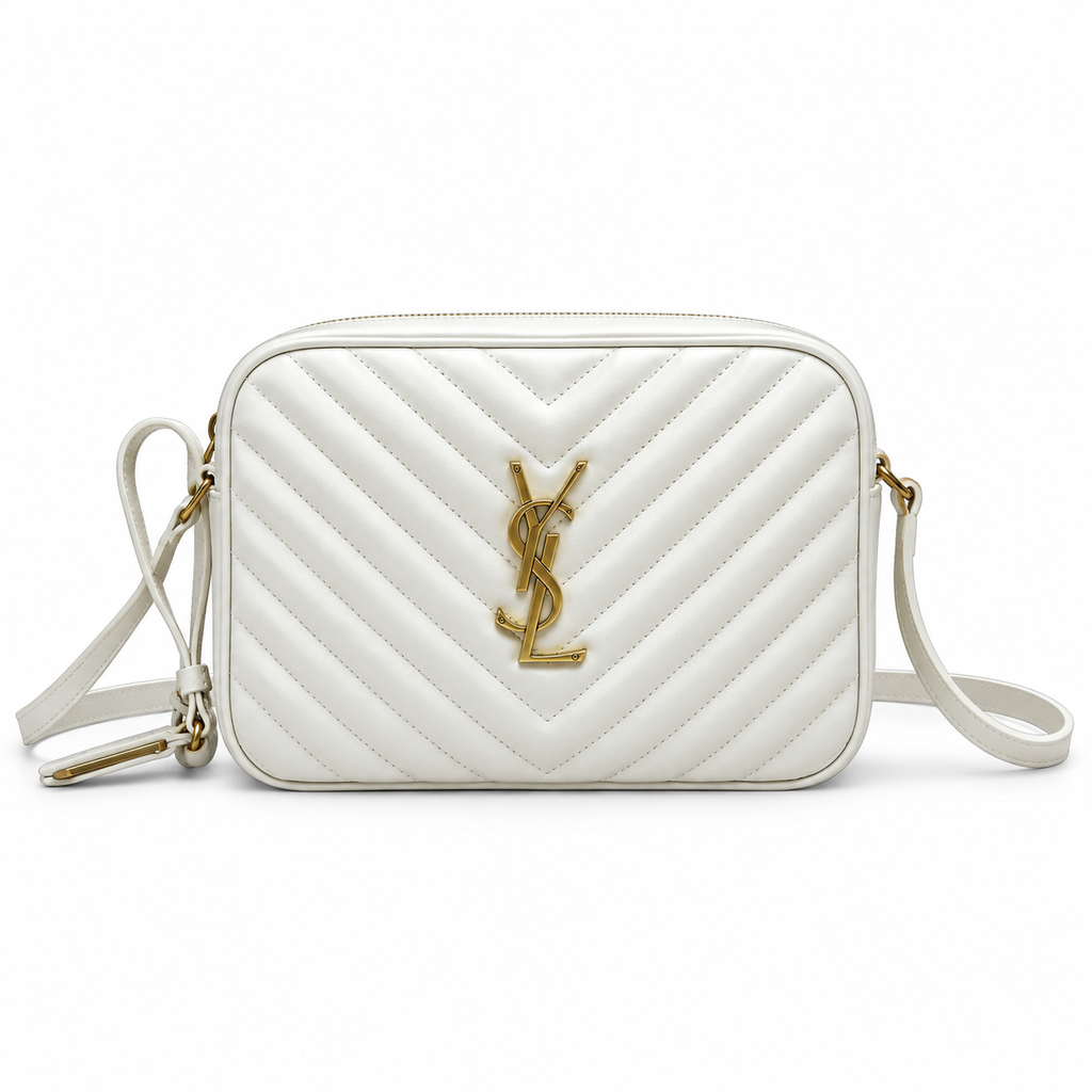 Saint Laurent YSL Lou Large Camera Bag in White Smooth Leather with Antique Gold YSL Monogram Chevron Quilting and Adjustable Leather Shoulder Strap