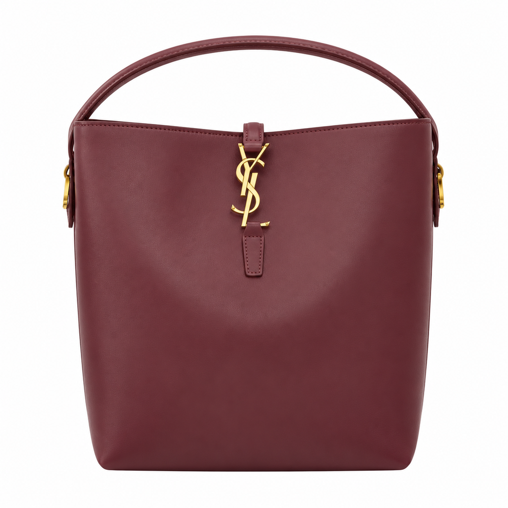YSL Saint Laurent Le 37 Bucket Bag Burgundy Smooth Leather Gold YSL Monogram Charm Top Handle