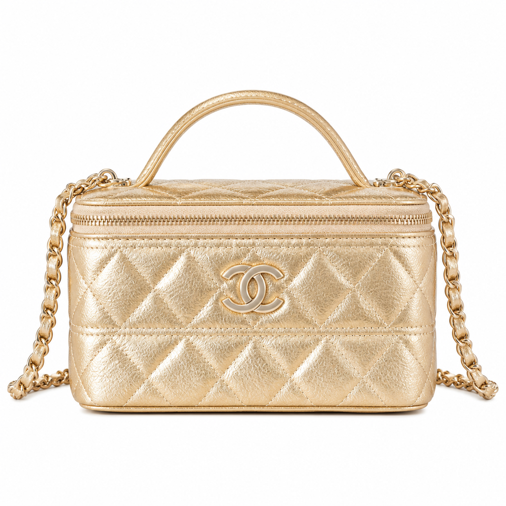 Chanel Quilted Metallic Lambskin Vanity Case Gold 17cm