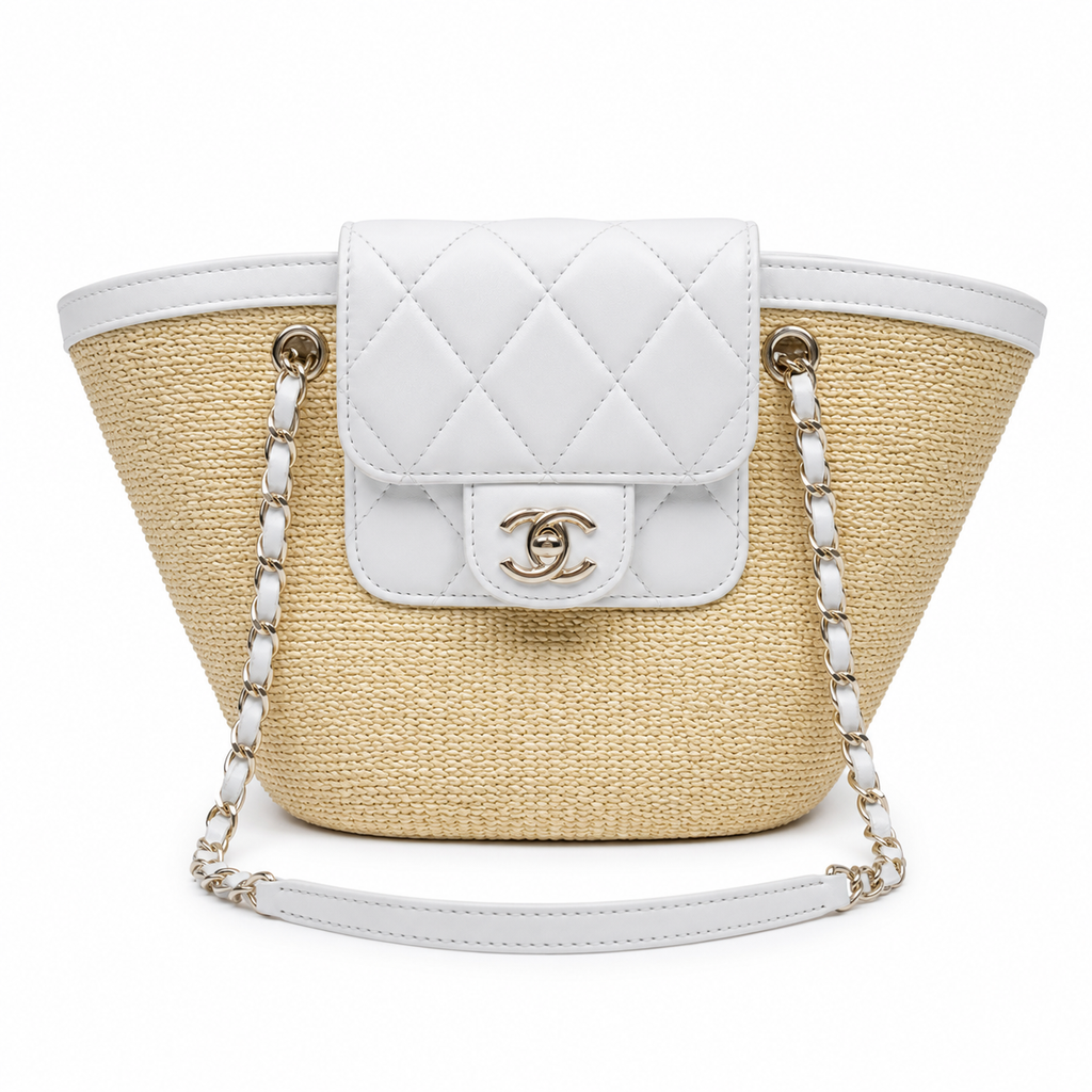 Chanel Small Basket Bag Natural Raffia & White Quilted Lambskin | Silver CC Turn-Lock — 41cm