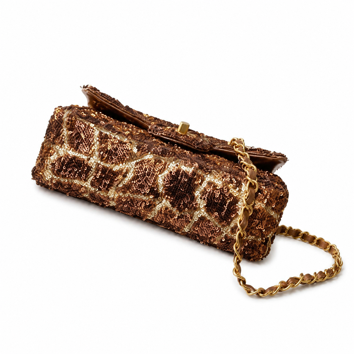Chanel Chocolate Seed Bead & Champagne Gold Sequin Giraffe-Print Flap Bag | Antique Gold CC & Brown Leather Chain