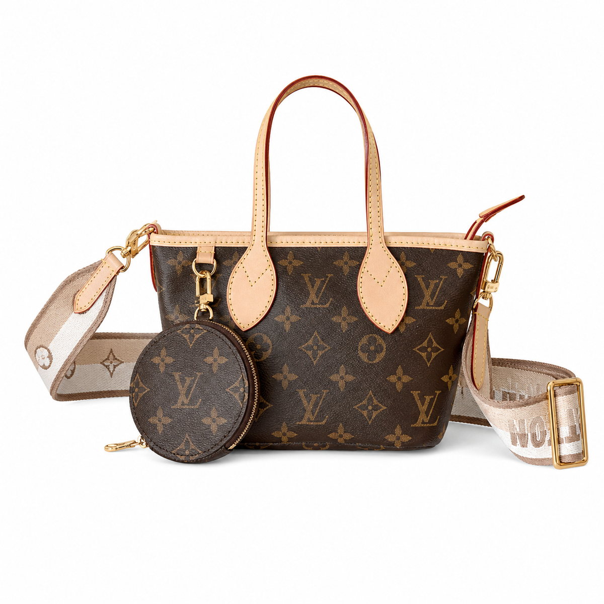 Louis Vuitton Neverfull BB Monogram Tote with Coin Purse & Logo Strap