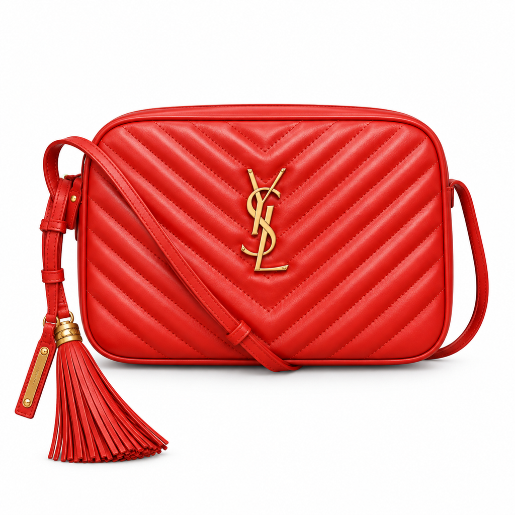 Saint Laurent YSL Lou Camera Bag in Rouge Red Quilted Lambskin Leather with Gold YSL Monogram Chevron Quilting Red Leather Tassel and Adjustable Strap