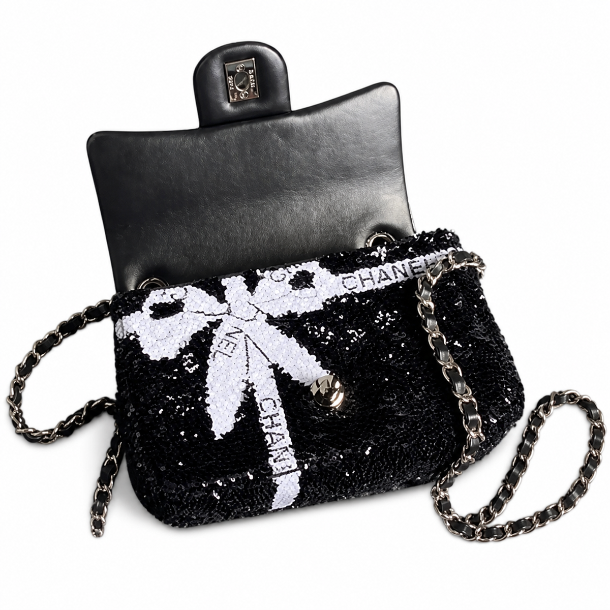 Chanel Monochrome Sequin Bow Chain Shoulder Bag
