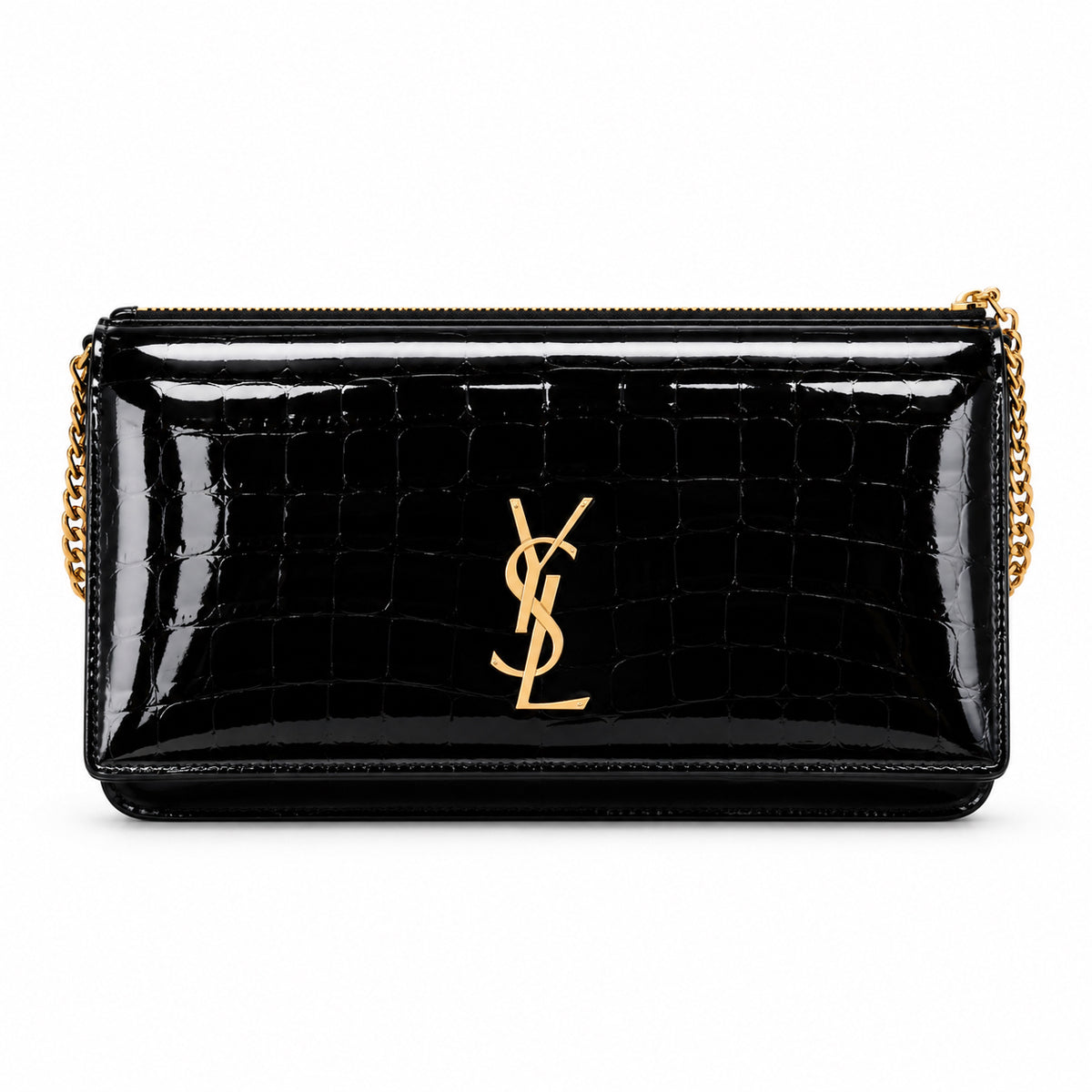 Saint Laurent Manhattan Chain Wallet Bag in Black Patent Crocodile-Embossed Leather
