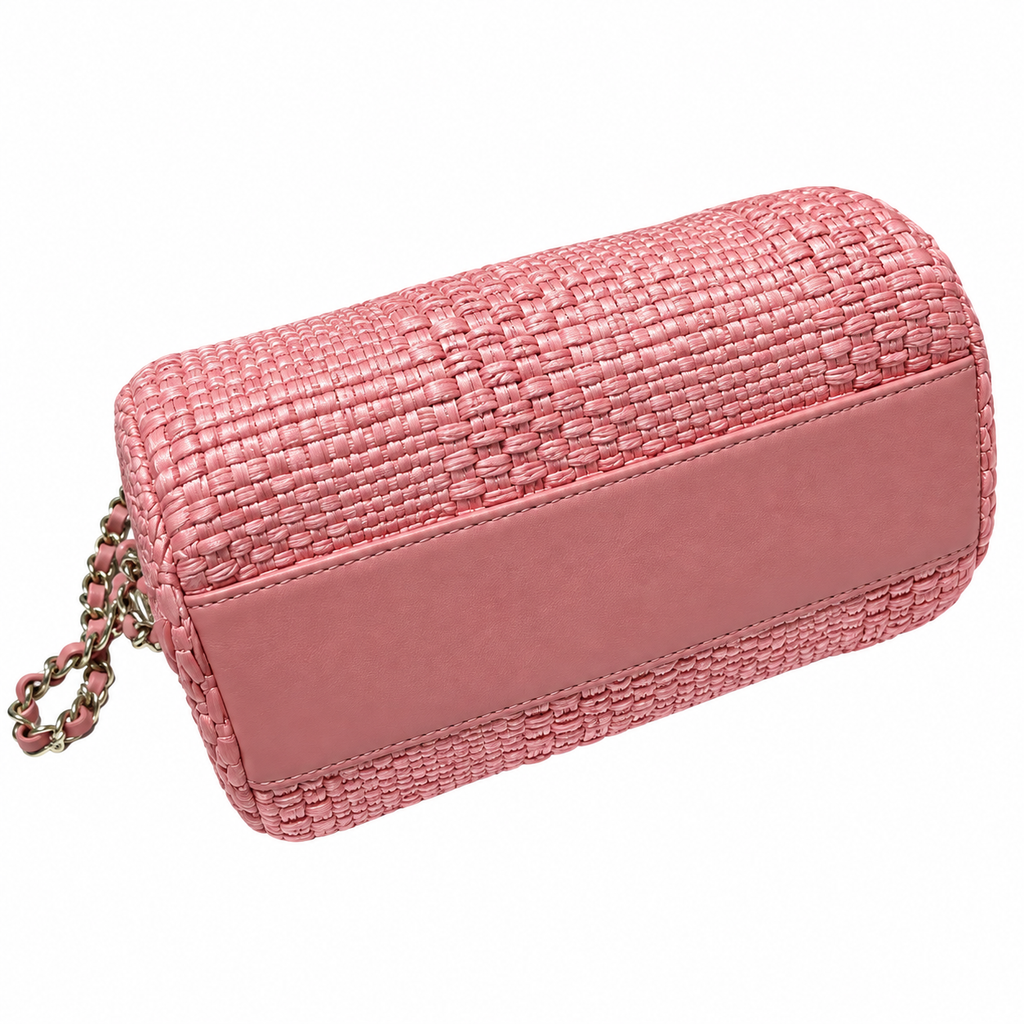 Chanel Raffia Barrel Bag Woven Pink Rose Gold Chain 18.5cm