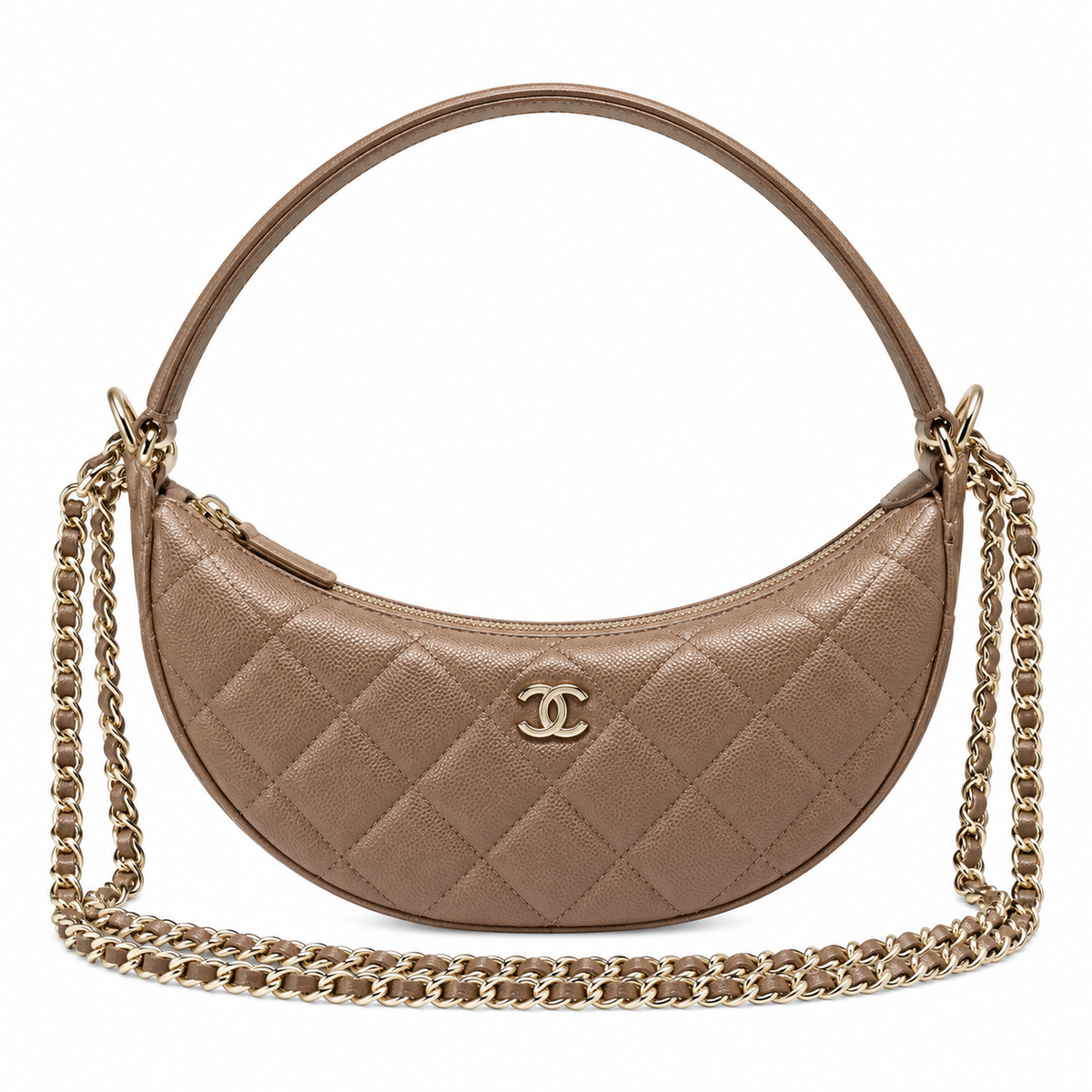 Chanel Crescent Hobo Quilted Metallic Caviar Taupe Gold Dual Chain 22cm