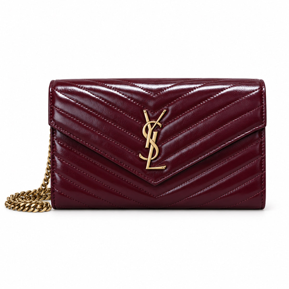 YSL Cassandre Chain Wallet Bag Burgundy Chevron Quilted Patent Leather Saint Laurent