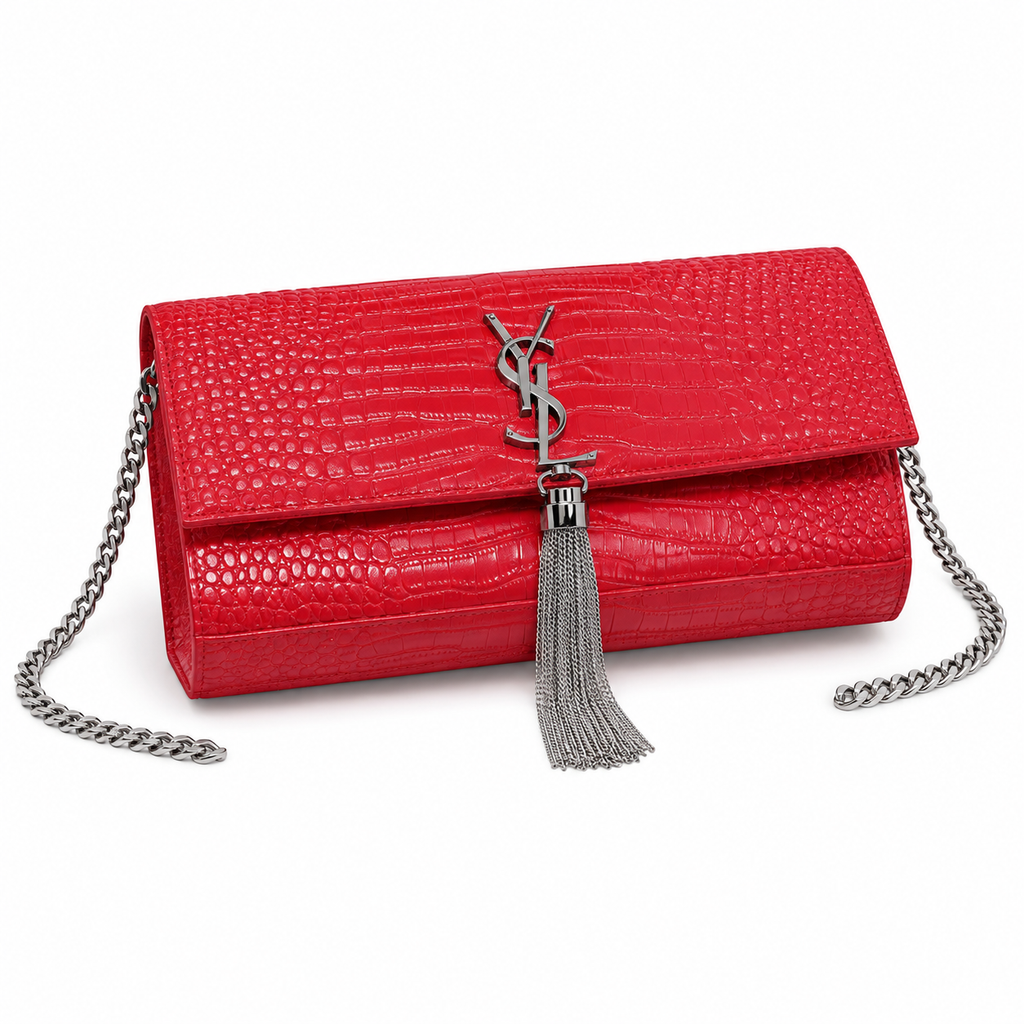 Saint Laurent YSL Kate Tassel Bag – Red Croc Silver
