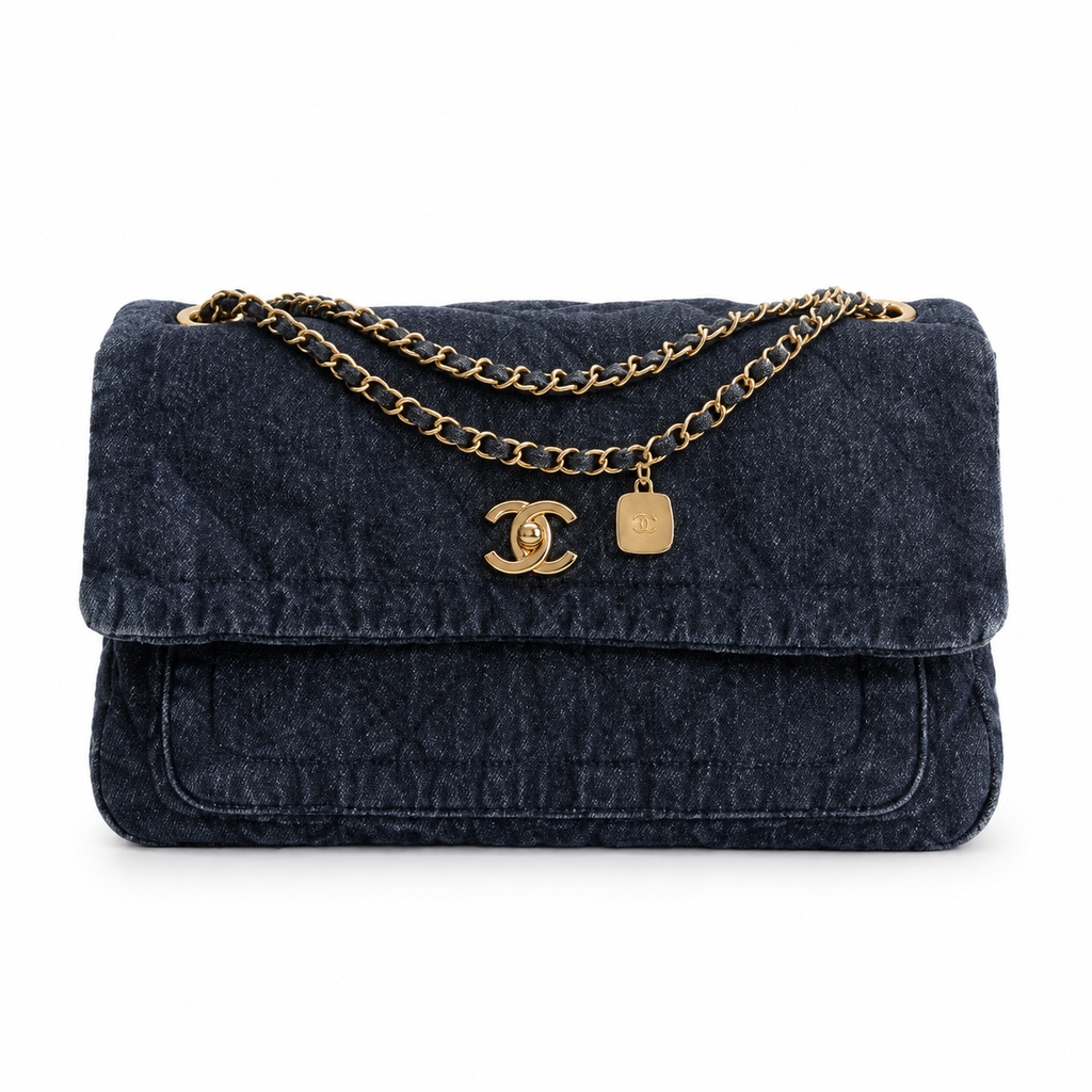 Chanel Denim Quilted Flap Bag | CC Turn-Lock Gold Chain Navy — 35x24cm