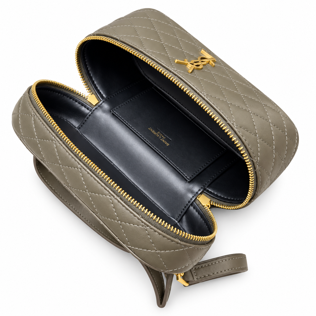 YSL Saint Laurent Quilted Vanity Case Bag Khaki