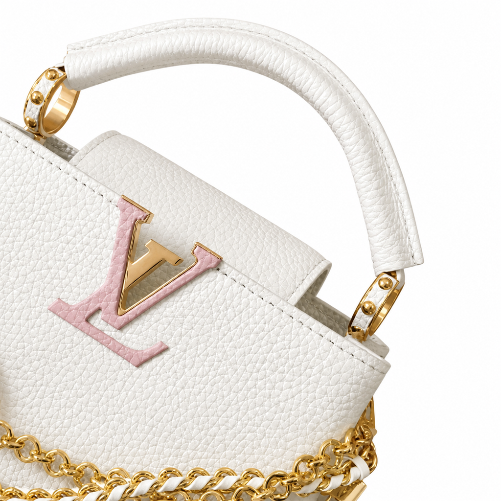 Louis Vuitton Capucines Mini White Leather Handbag with Double Gold Chain