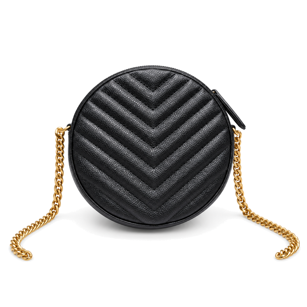YSL Saint Laurent Vinyle Round Chain Bag in Black Matelassé Leather